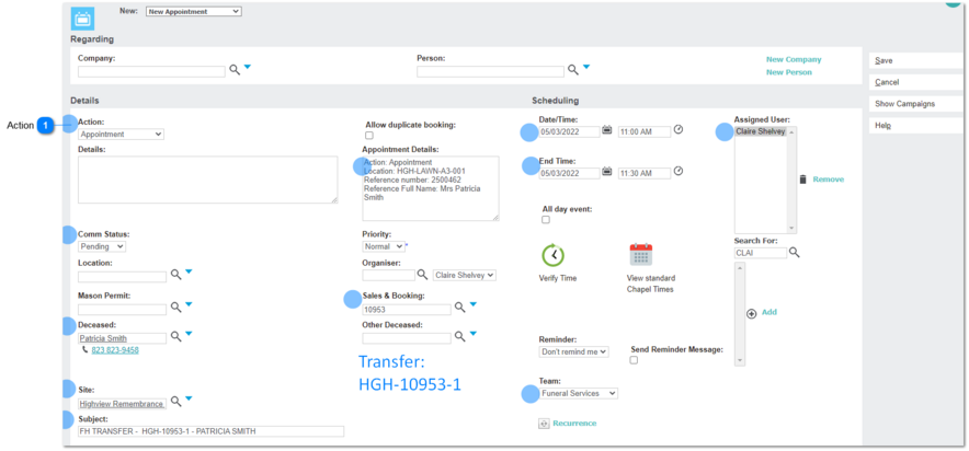 Create Appointment: FH Transfer