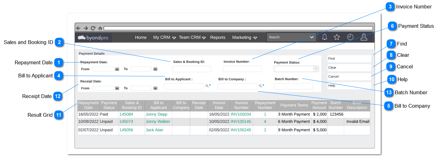 Payment inquiry Screen