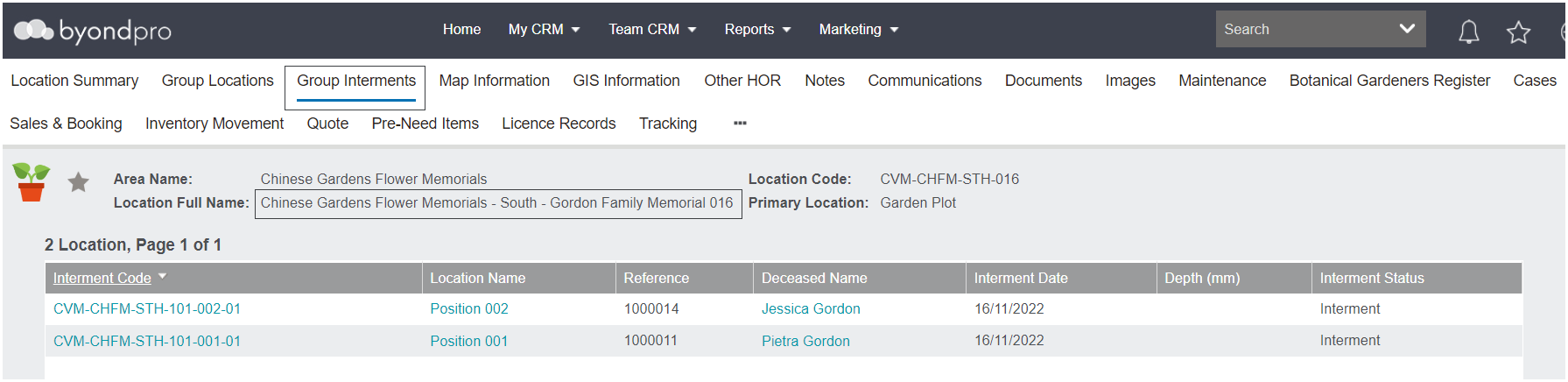 Group Interments Tab