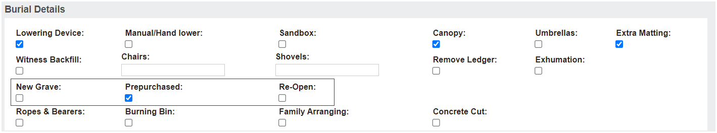 Selection of Grave / Purchase checkbox